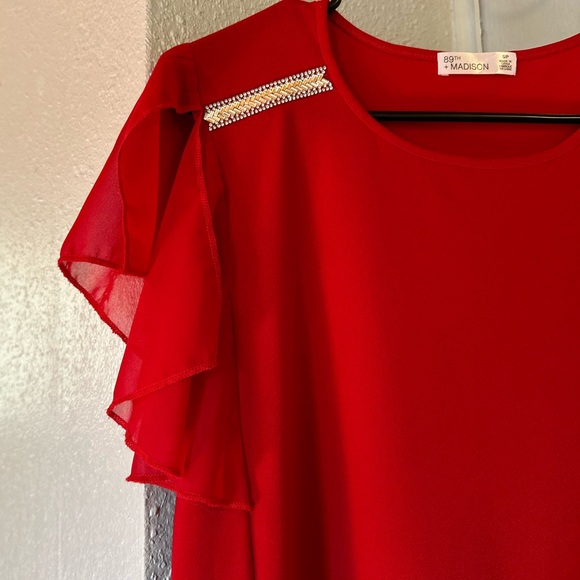 NWT Gorgeous Red Top with Jewels/Gems and Sheer Flutter Sleeves. - Picture 2 of 6